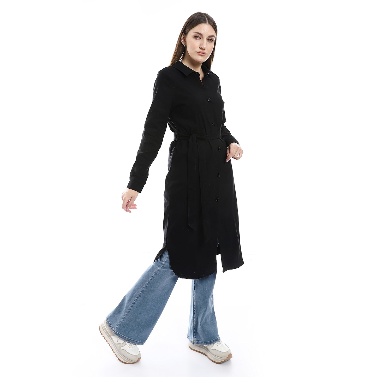 Women's Long Cotton Shirt with Belt Detail