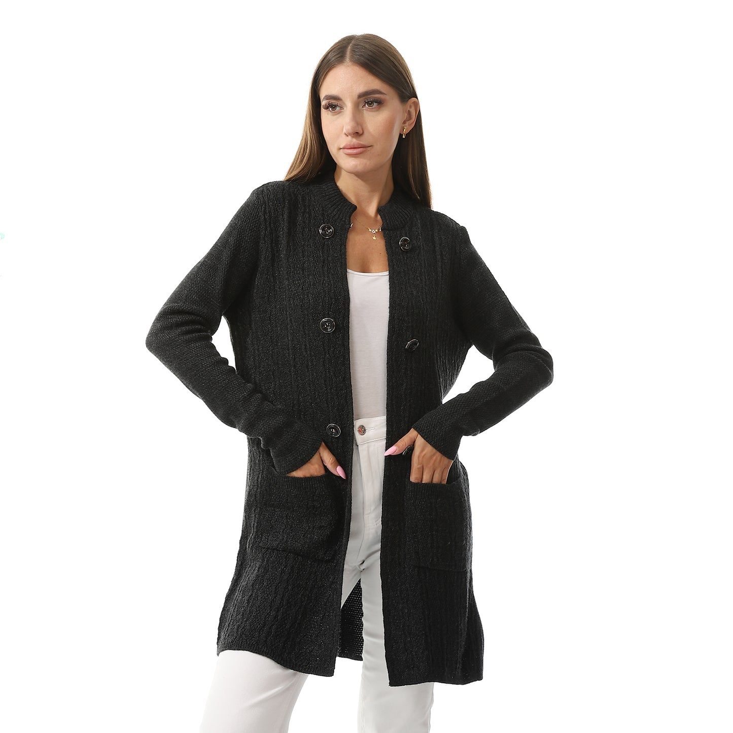 Women's Button-Front Perforated Cardigan