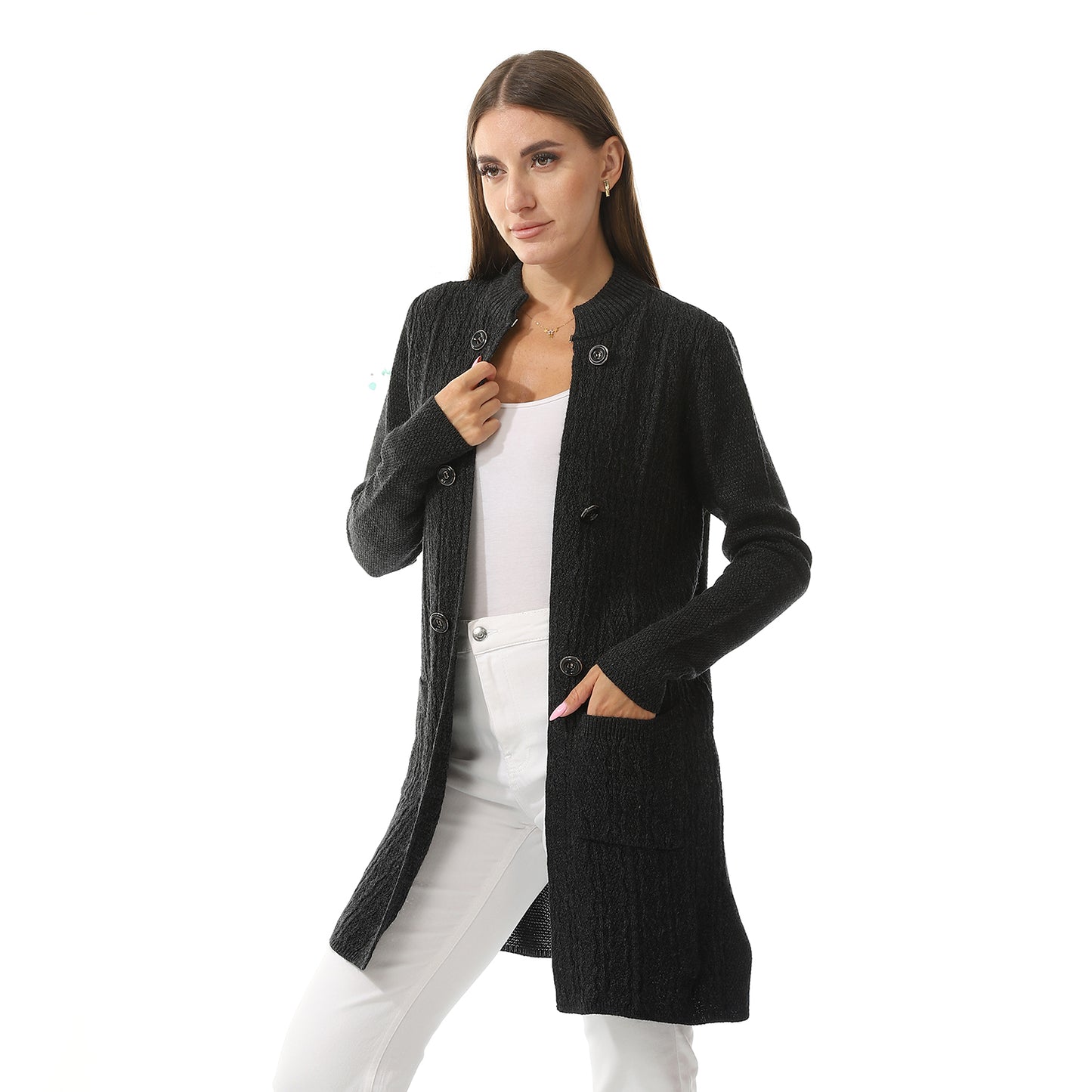 Women's Button-Front Perforated Cardigan