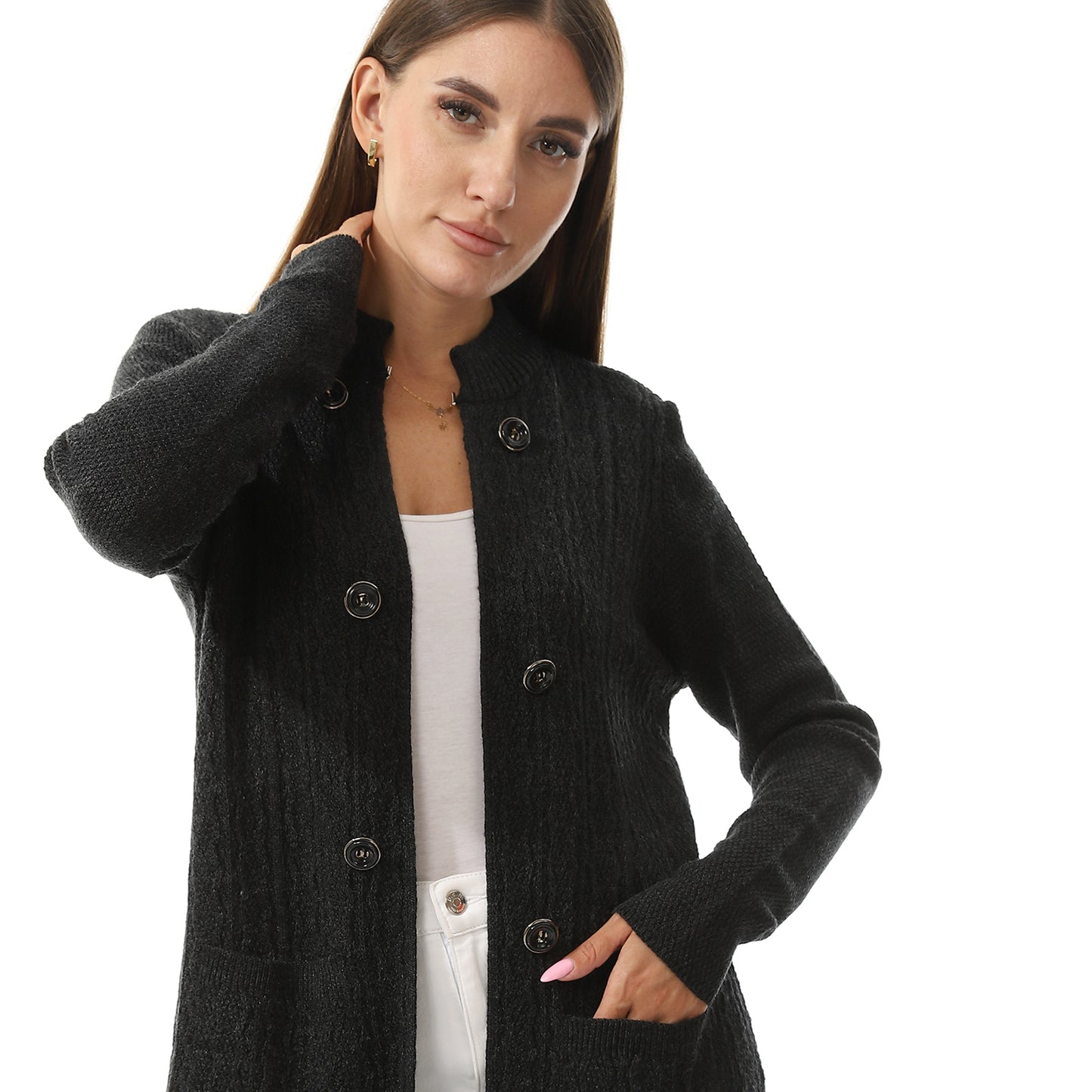 Women's Button-Front Perforated Cardigan