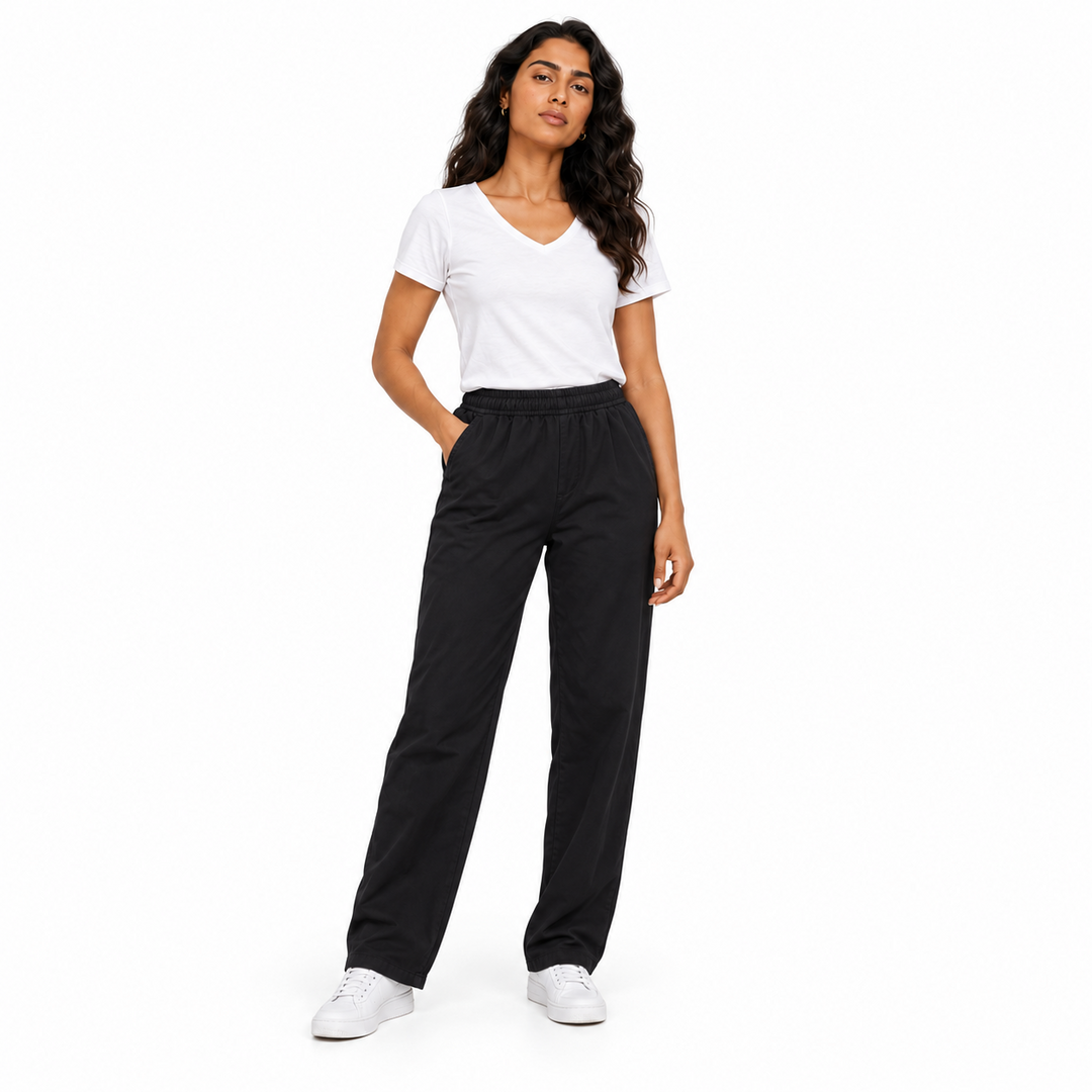Women's black plain cotton pants on female model