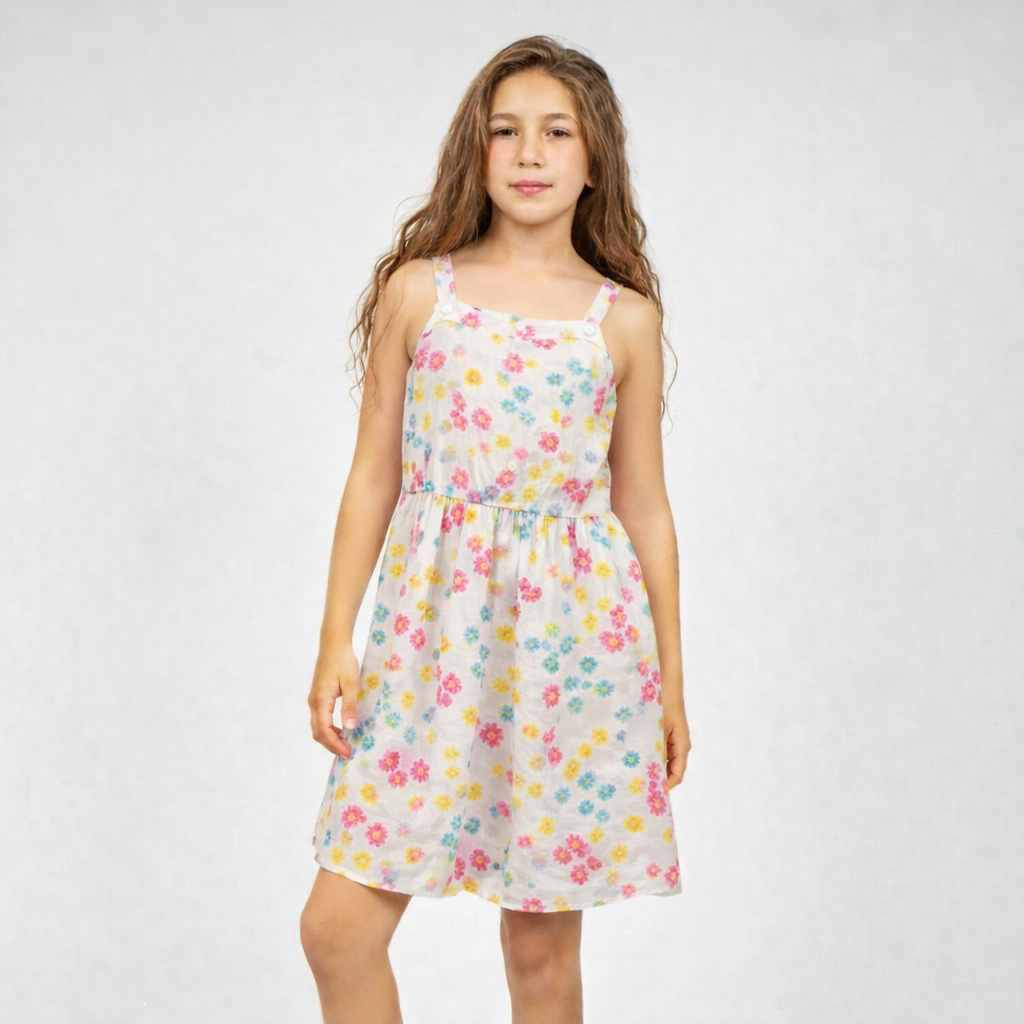 Young girl wearing a floral dress on a white background