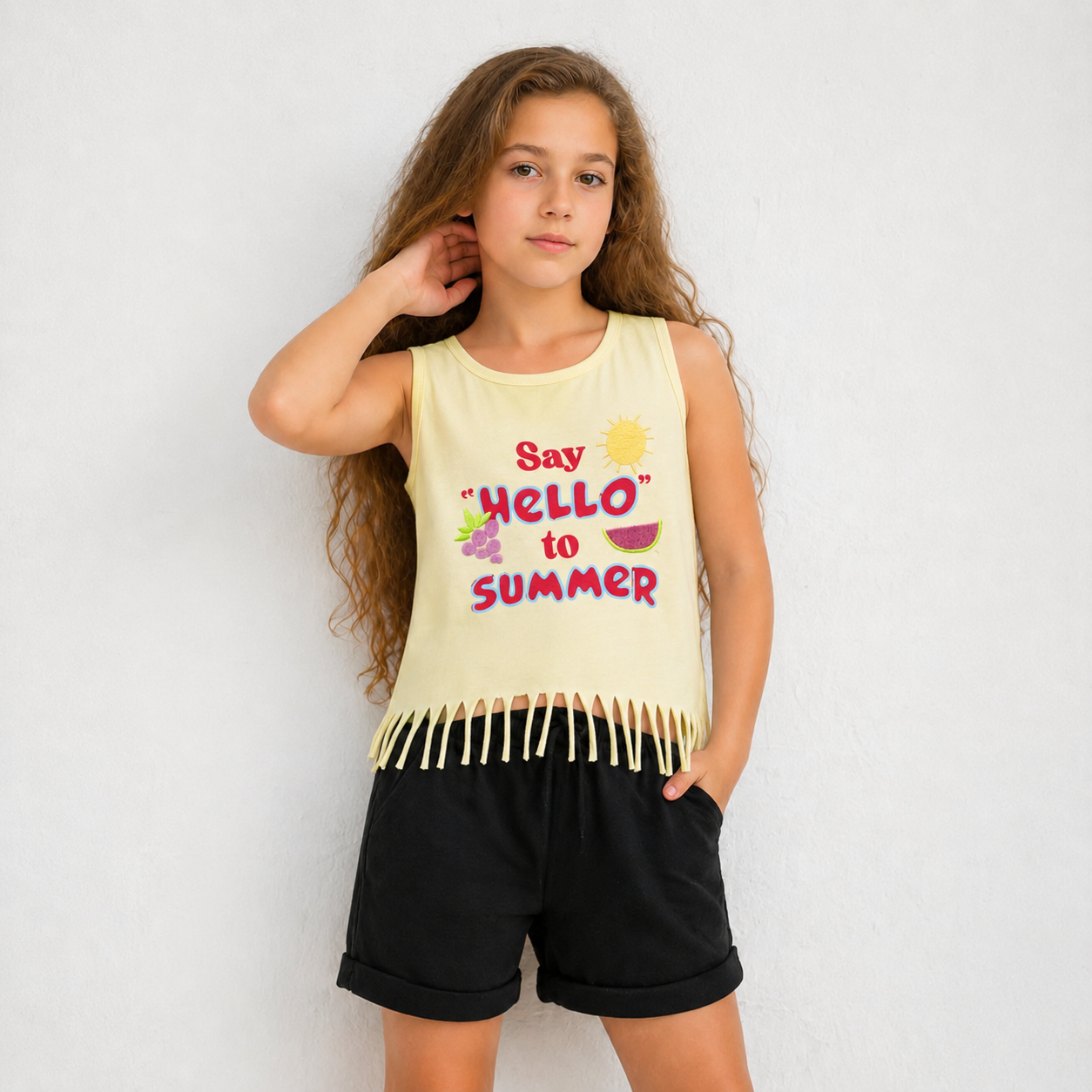 Girls Printed Sleeveless Fringe Top