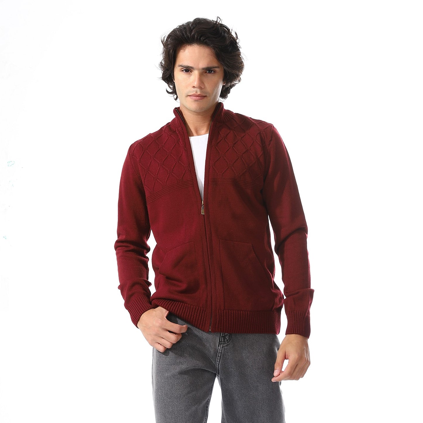 Men Zip-Up Wool Knit Cardigan