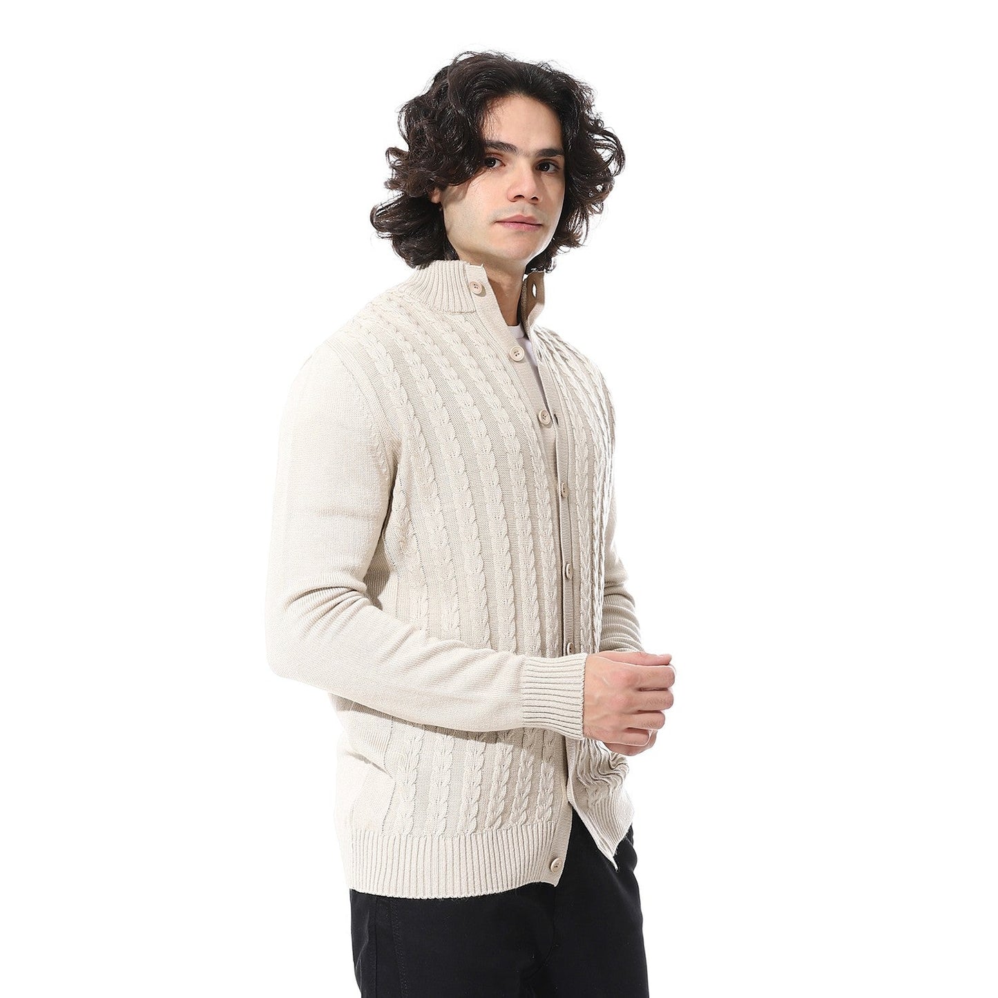Button-Down Wool Cable Knit Cardigan