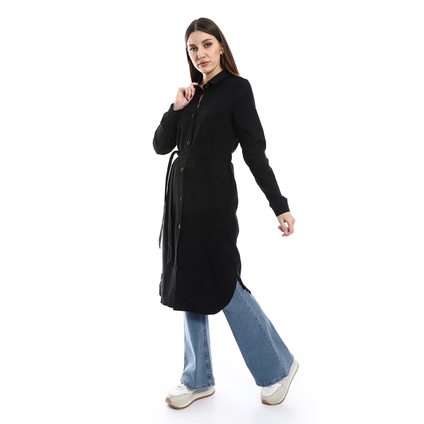 Women's Long Cotton Shirt with Belt Detail