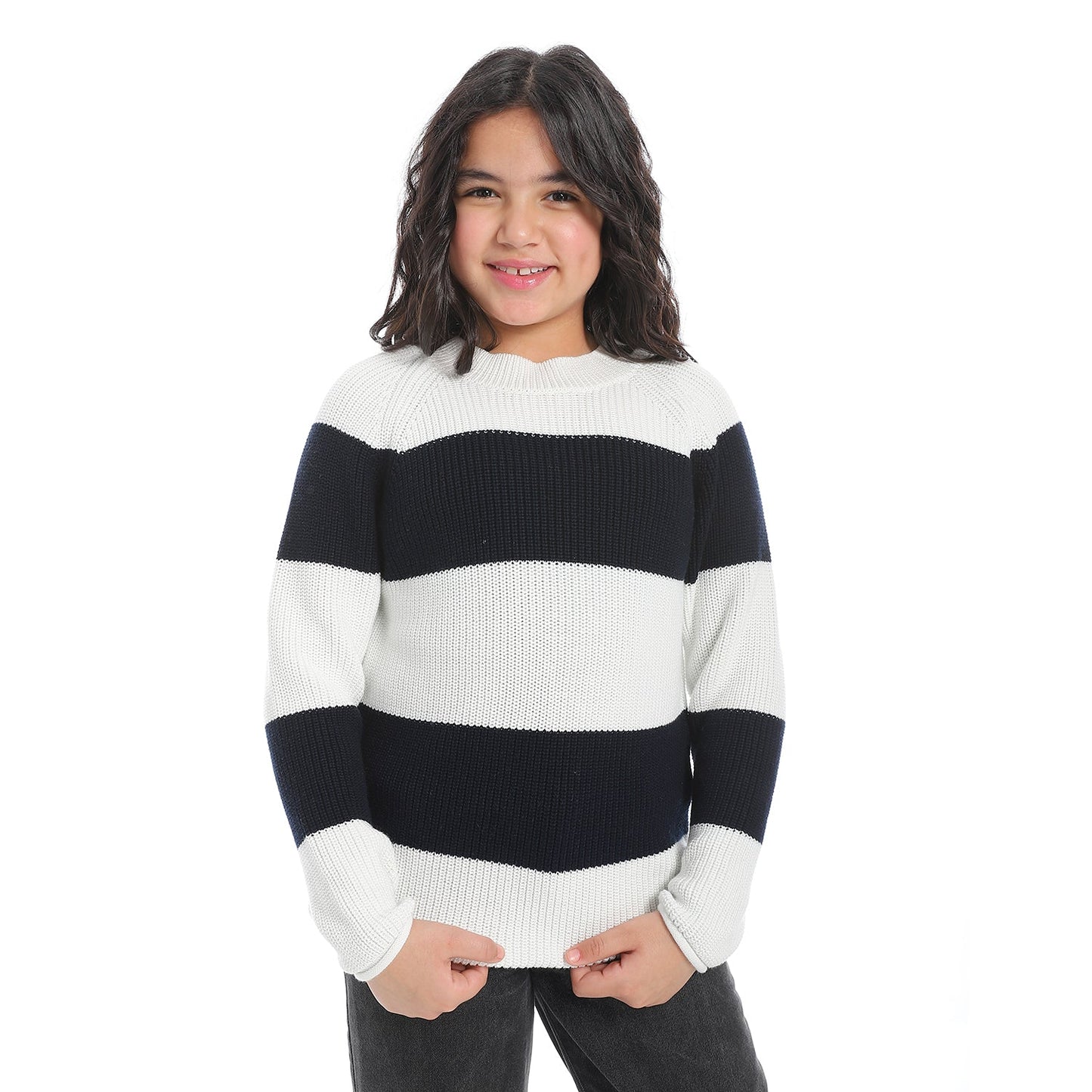 Girls Striped Crew Neck Pullover