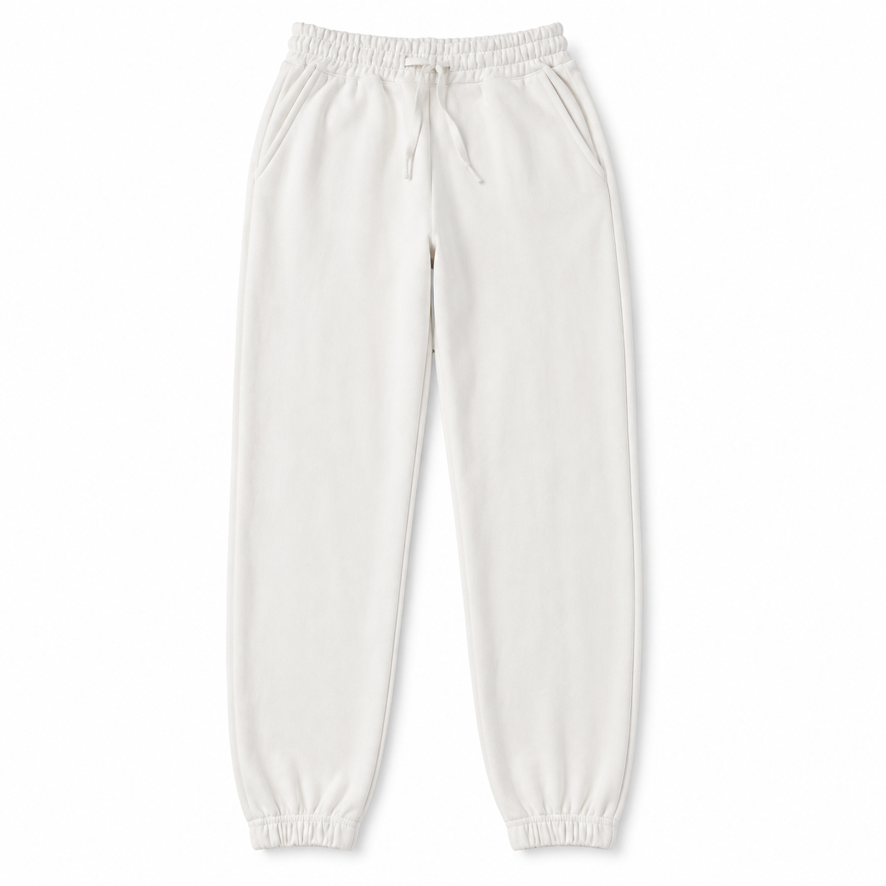 Girls' WHITE plain drawstring jogger pants with cuffed hems, front product view