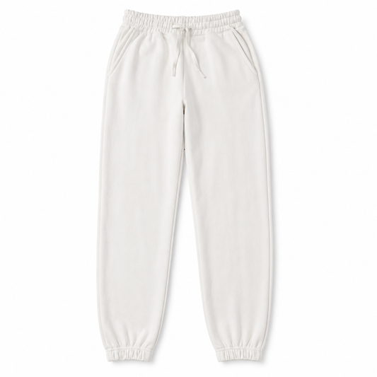 Girls' WHITE plain drawstring jogger pants with cuffed hems, front product view