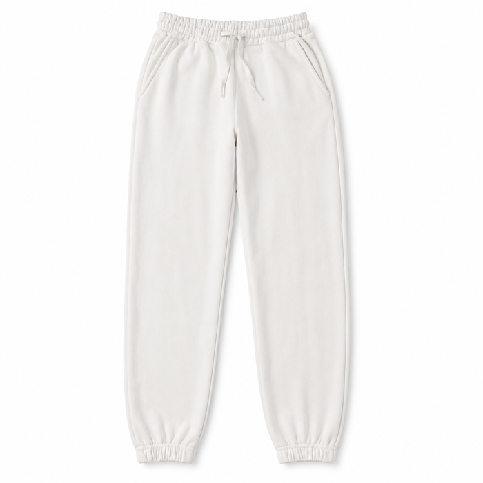 Girls' WHITE plain drawstring jogger pants with cuffed hems, front product view