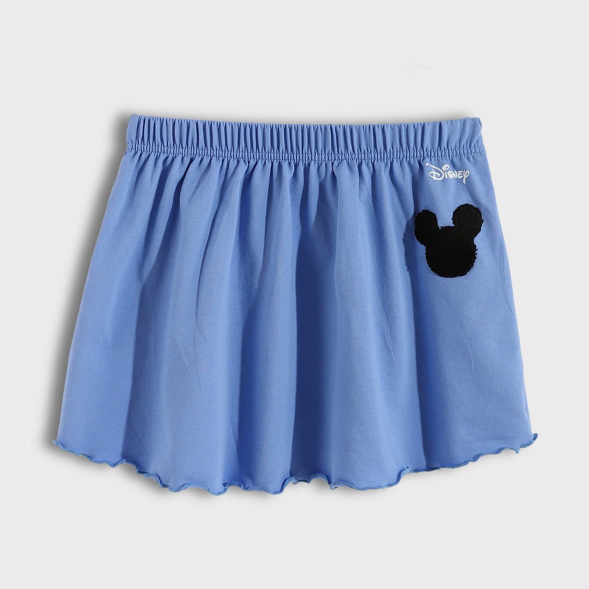 Blue skirt with a black mouse ear design on a light gray background