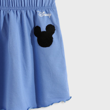 Blue shorts with a black Mickey Mouse head design and Disney logo on a white background