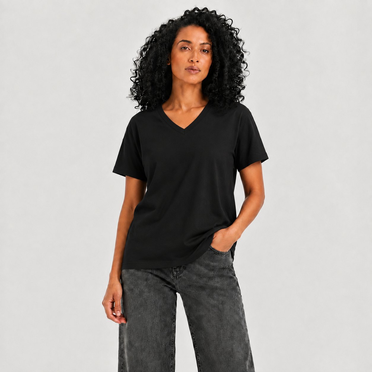 Women's black plain V-neck T-shirt - Item 26011122