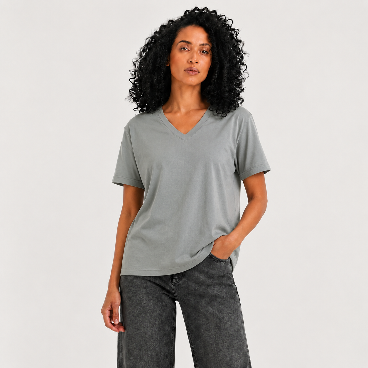 Women's medium grey-green plain V-neck T-shirt - Item 26011122