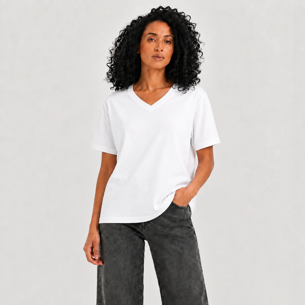 Women's white plain V-neck T-shirt - Item 26011122