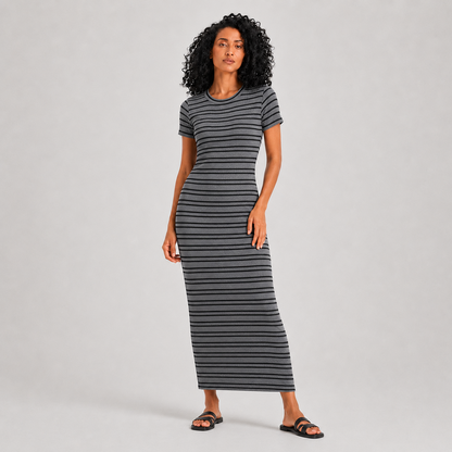 Women's striped short sleeve maxi dress in dark grey - 26011137