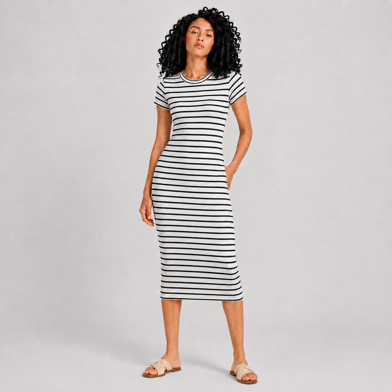 Women's striped short sleeve dress in off white - 26011137