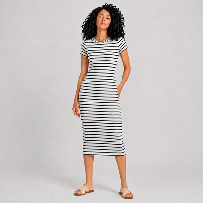 Women's striped short sleeve dress in off white - 26011137