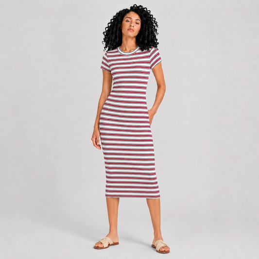 Women's striped short sleeve dress in red - 26011137