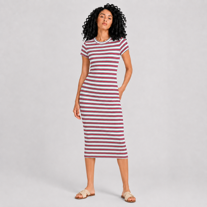 Women's striped short sleeve dress in red - 26011137