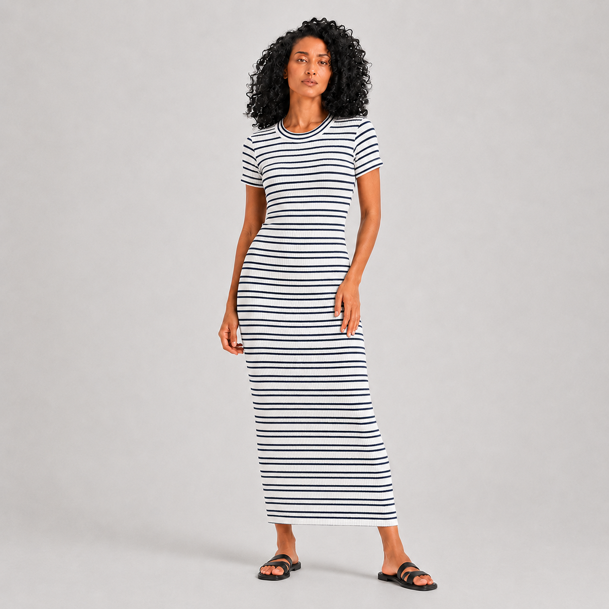 Women's striped short sleeve maxi dress in white - 26011137