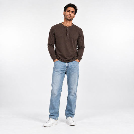 Men's dark brown long-sleeve Henley T-shirt 26012204 on model
