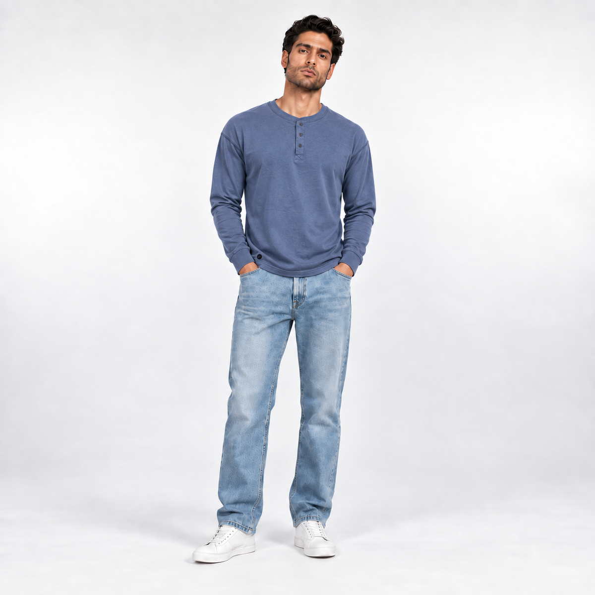 Men's steel blue long-sleeve Henley T-shirt 26012204 on model