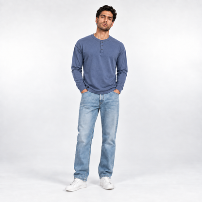 Men's steel blue long-sleeve Henley T-shirt 26012204 on model