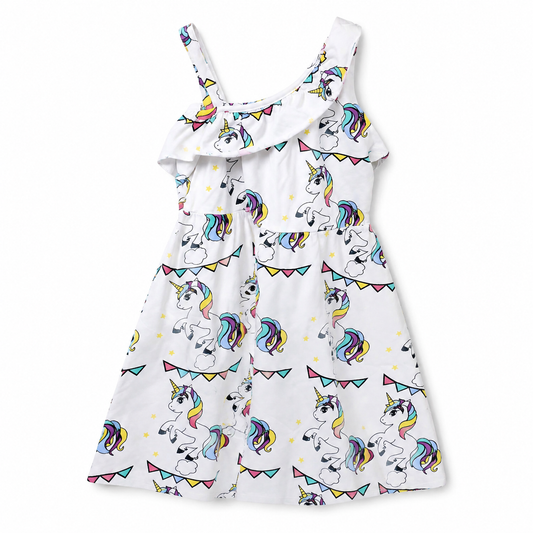 Girls white unicorn print sleeveless ruffle dress - 26081316