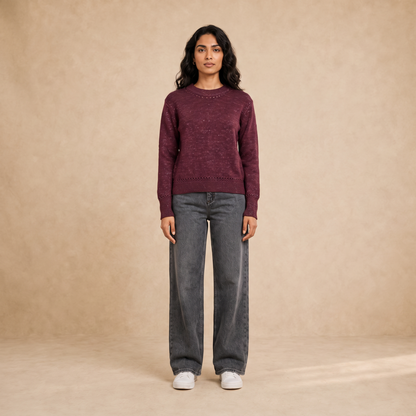 Women burgundy lurex crew neck knit pullover with straight hem on model