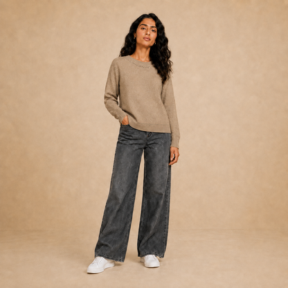 Women coffee lurex crew neck knit pullover with straight hem on model