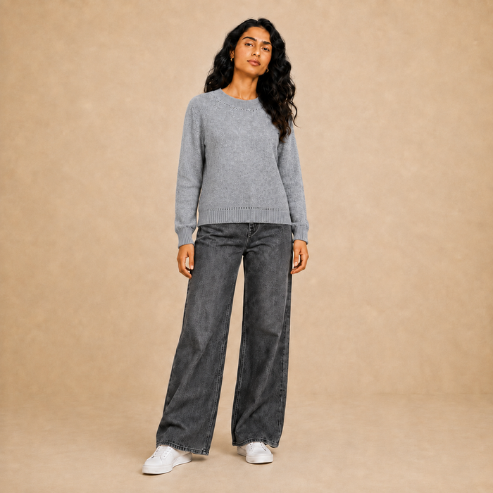 Women light gray lurex crew neck knit pullover with straight hem on model