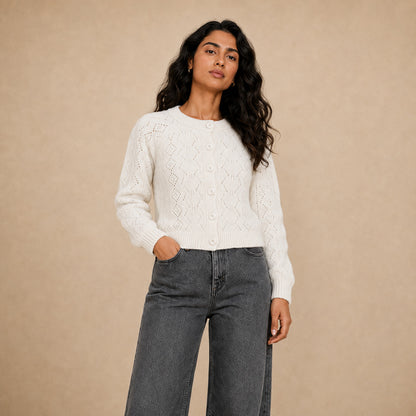 Emilia perforated knit cardigan for women in cream - Item 26152105