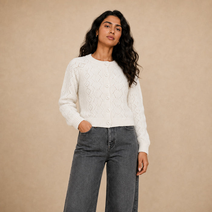 Emilia perforated knit cardigan for women in cream - Item 26152105