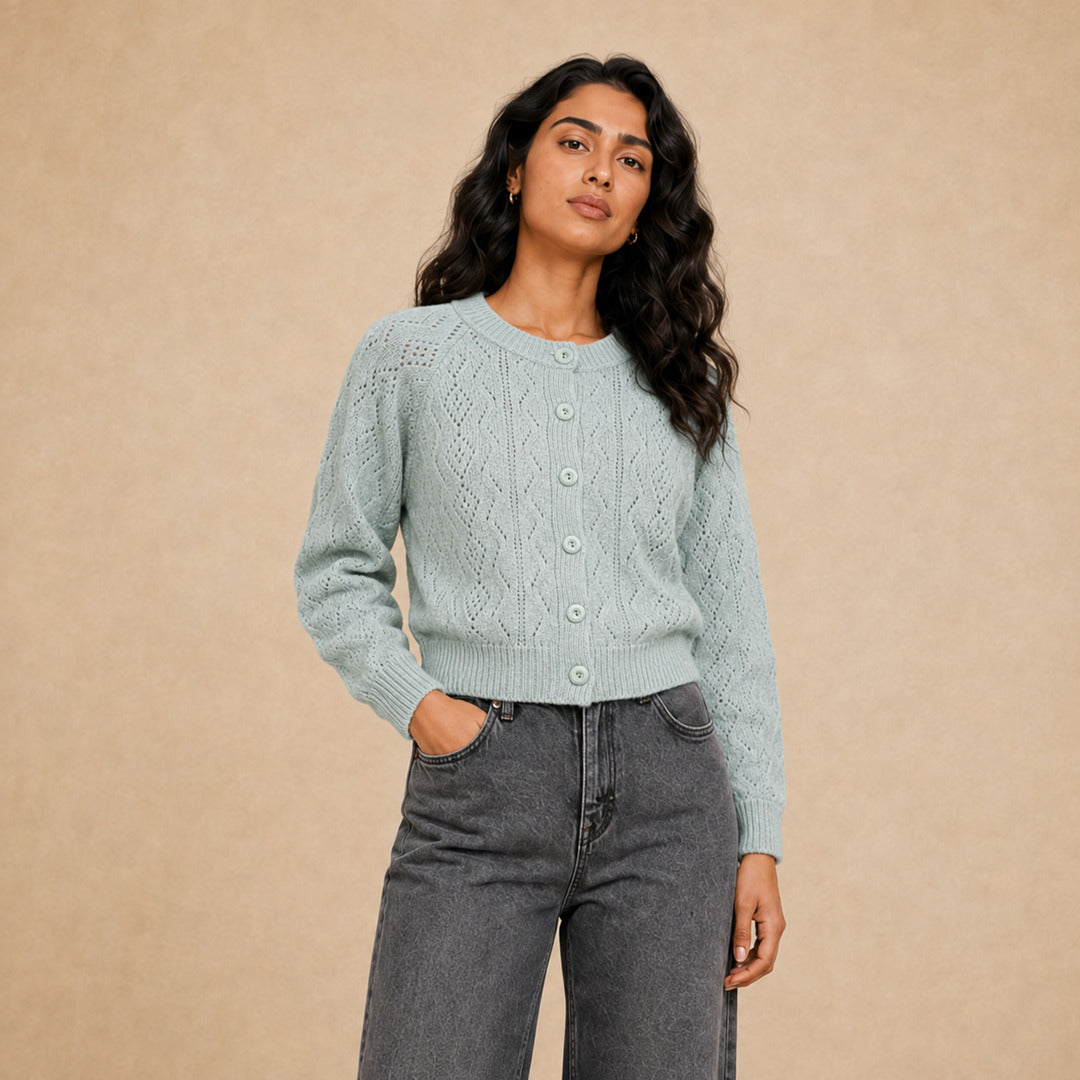 Emilia perforated knit cardigan for women in light green - Item 26152105