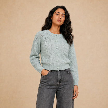 Emilia perforated knit cardigan for women in light green - Item 26152105