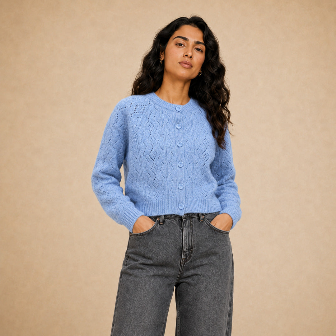 Emilia perforated knit cardigan for women in sky blue - Item 26152105