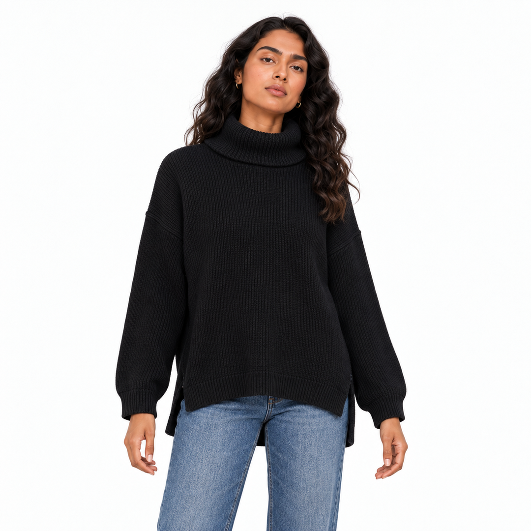 Women's High Neck Knit Pullover in Black on a model