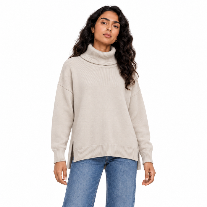 Women's High Neck Knit Pullover in Light Beige on a model