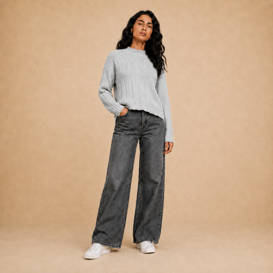 Women beige vertical knit half neck pullover on model