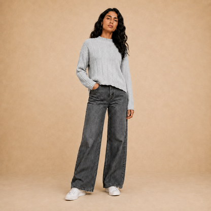 Women beige vertical knit half neck pullover on model