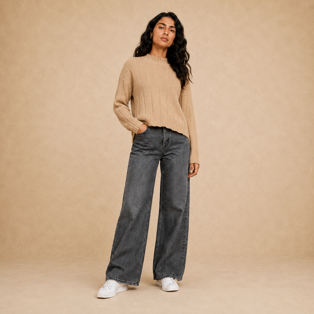 Women camel vertical knit half neck pullover on model