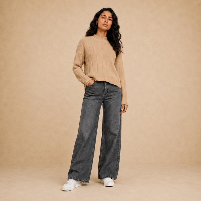 Women camel vertical knit half neck pullover on model