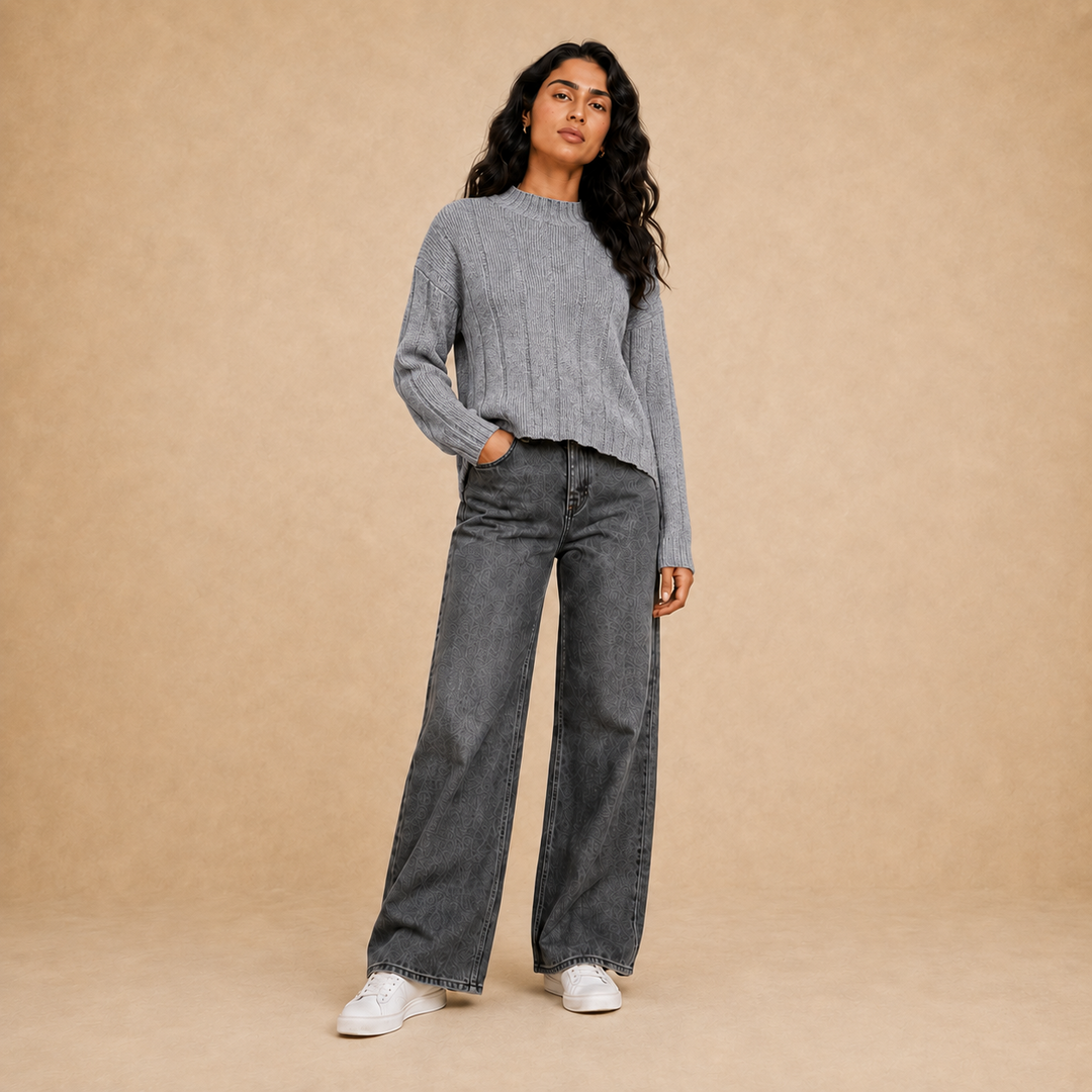 Women medium grey vertical knit half neck pullover on model