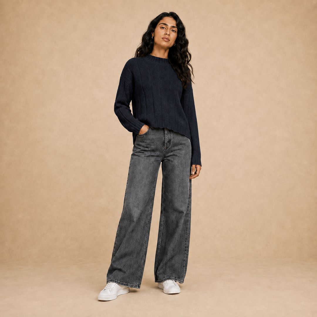 Women navy vertical knit half neck pullover on model