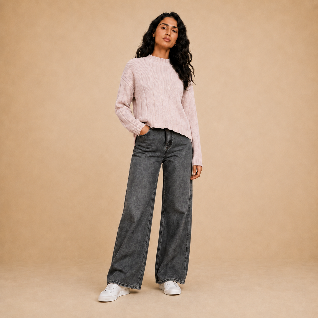 Women rose vertical knit half neck pullover on model