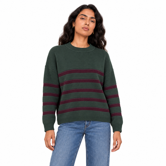 Women's Crew Neck Striped Knit Pullover in Olive on a model