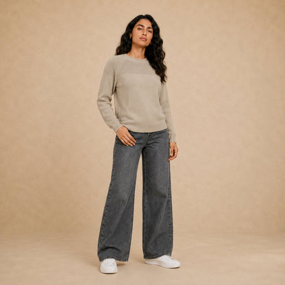 Women's plain knit crew neck pullover in beige