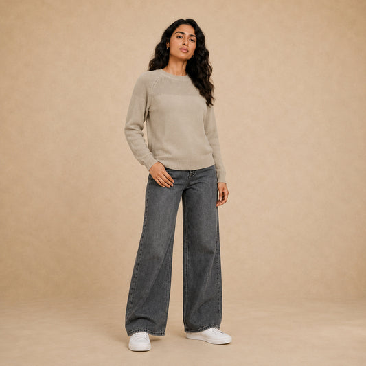 Women's plain knit crew neck pullover in beige