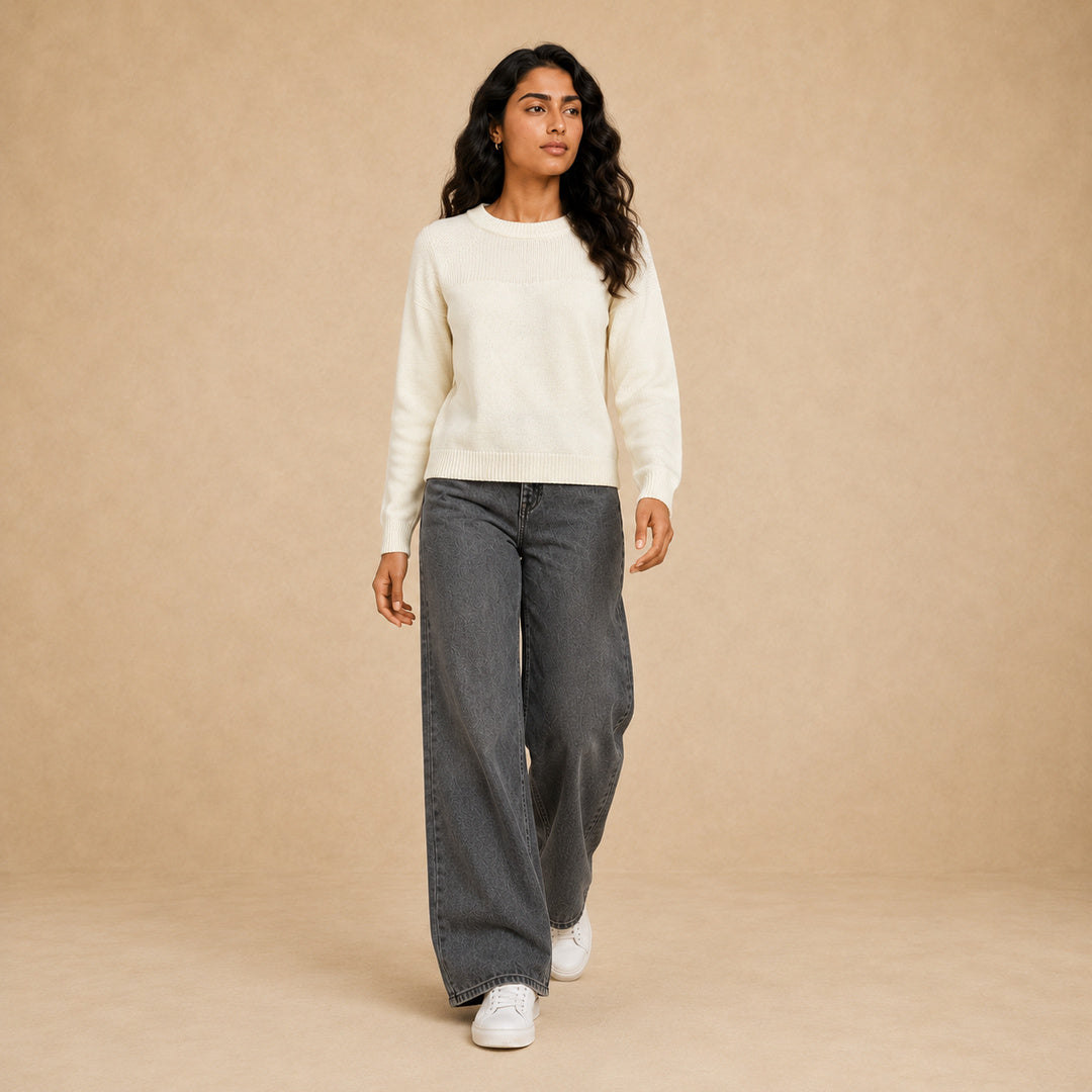 Women's plain knit crew neck pullover in cream